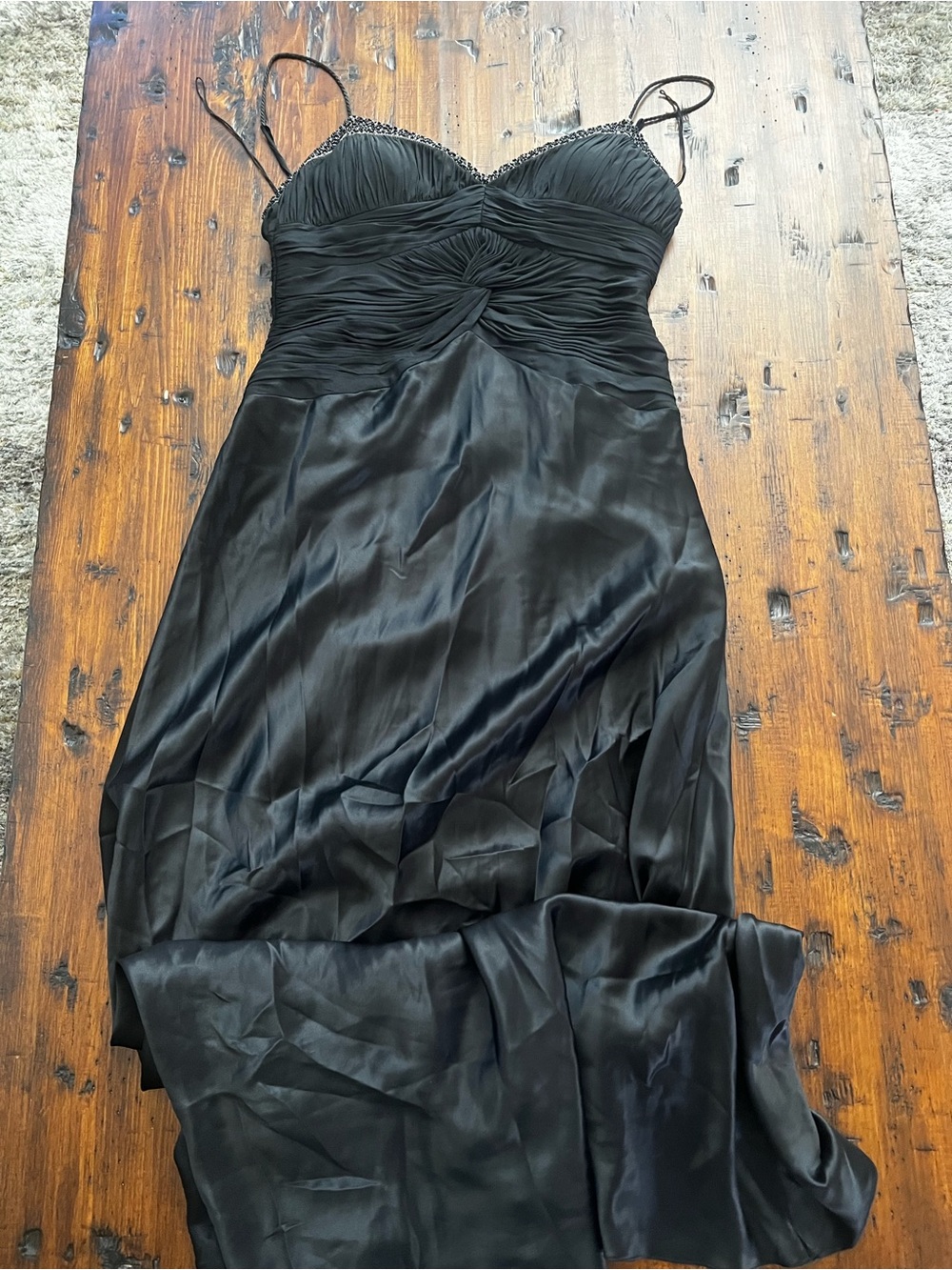 Papell Boutique Black Strapless Ruched Slip Dress with Beaded Edge